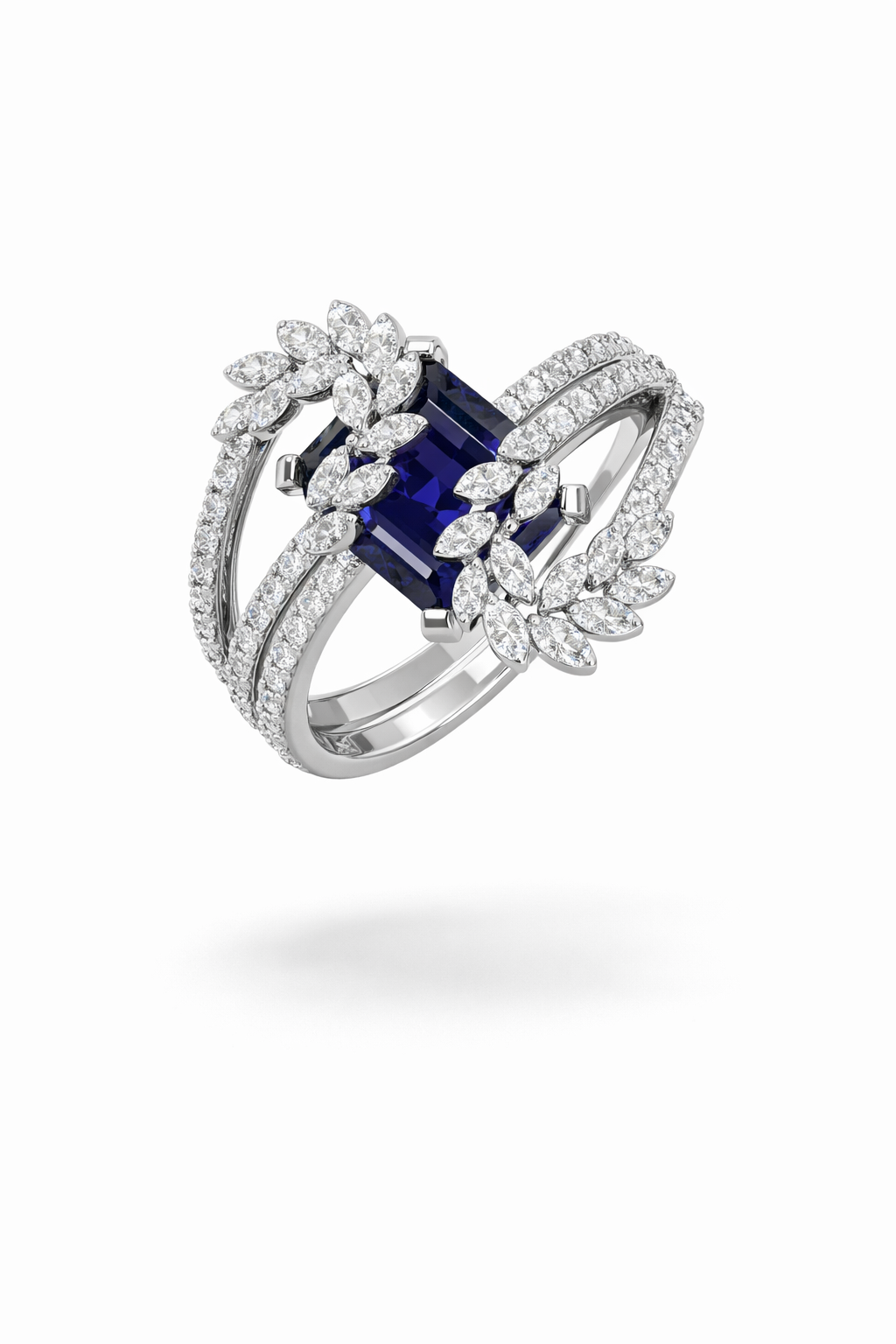 2.01 Carat Natural Emerald-Cut Iolite & 1.09 Carat Diamond Ring in 18K White Gold | IGI Certified | Saleh Sallom-Saleh Sallom