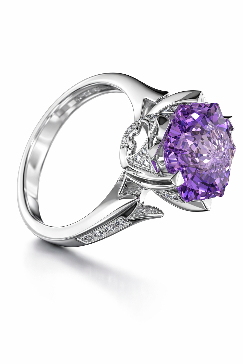 IGI Certified Natural Amethyst & Diamond Ring in 18K White Gold | 4.23 CT Fancy-Cut Amethyst-Saleh Sallom