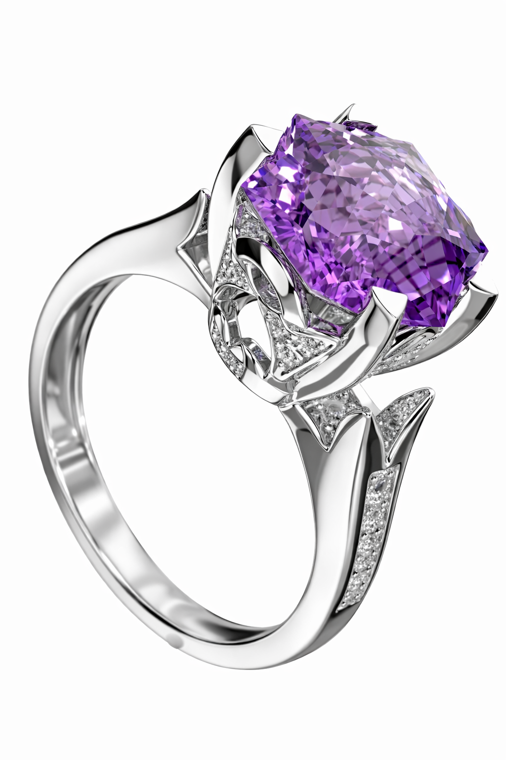 IGI Certified Natural Amethyst & Diamond Ring in 18K White Gold | 4.23 CT Fancy-Cut Amethyst-Saleh Sallom
