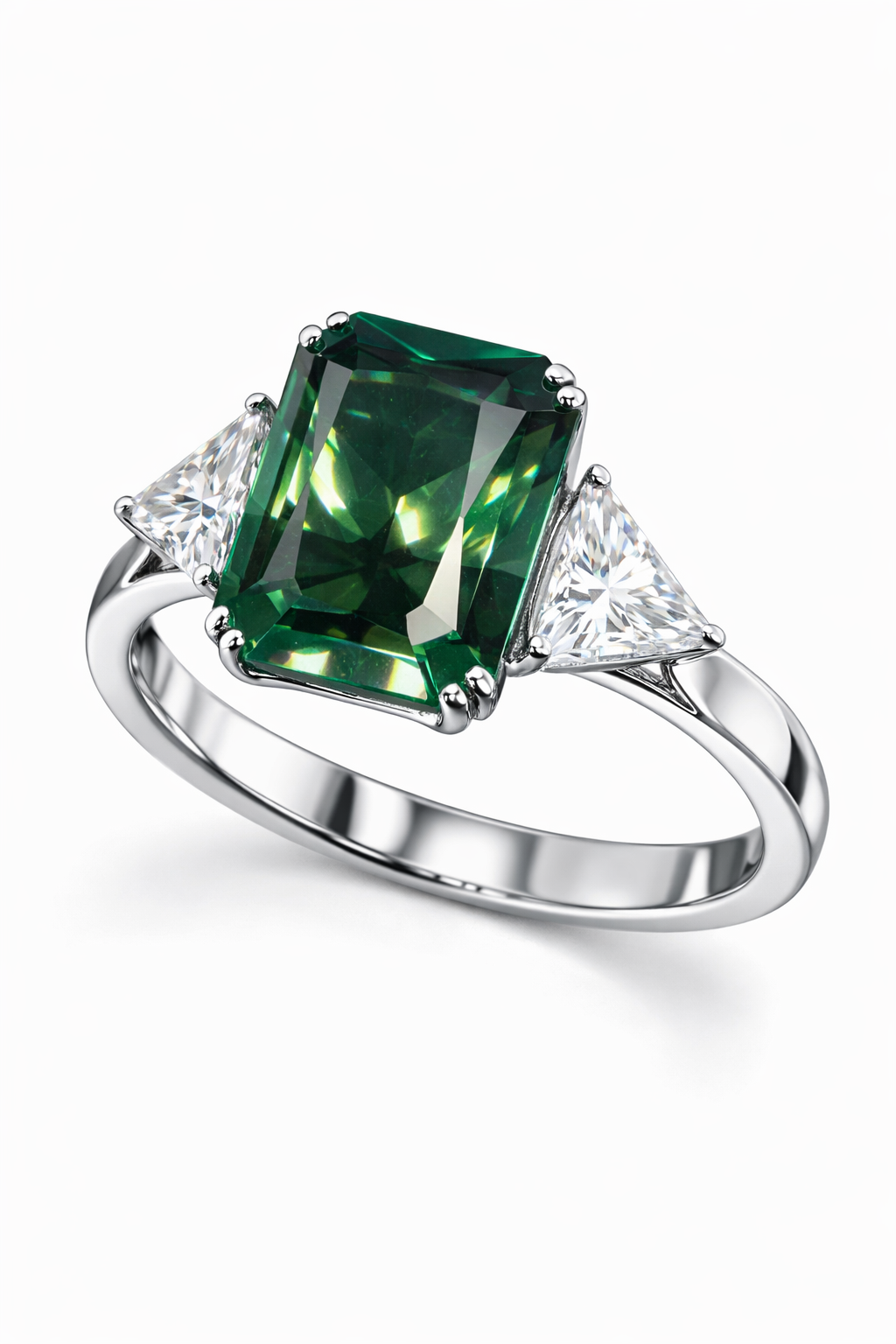 Emerald-Cut Green Diamond Ring with Trillion Side Stones | 6.27 Carat | VS1 | White Gold | Saleh Sallom-Saleh Sallom