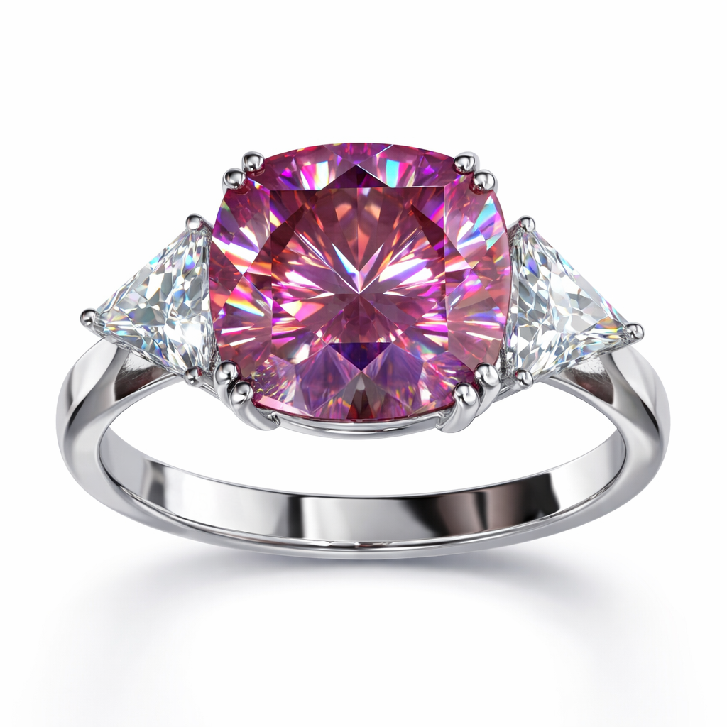 Radiant Pink Cushion-Cut Diamond Ring with Trillion Side Stones | 1.25 Carat | VS1 | White Gold | Saleh Sallom-Saleh Sallom