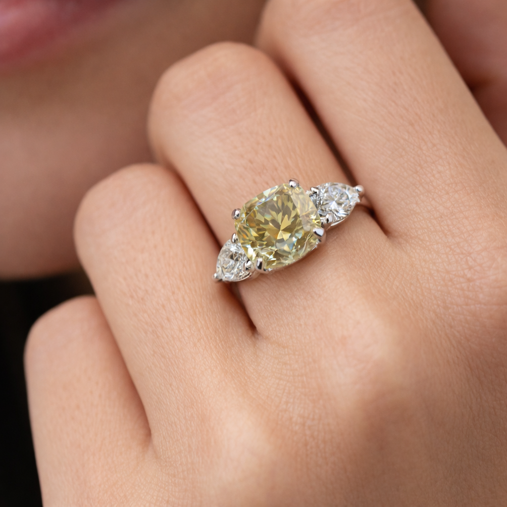 Fancy Yellow Cushion Cut Diamond Ring in White Gold | 5.35 Carat | Three-Stone Design | Saleh Sallom-Saleh Sallom