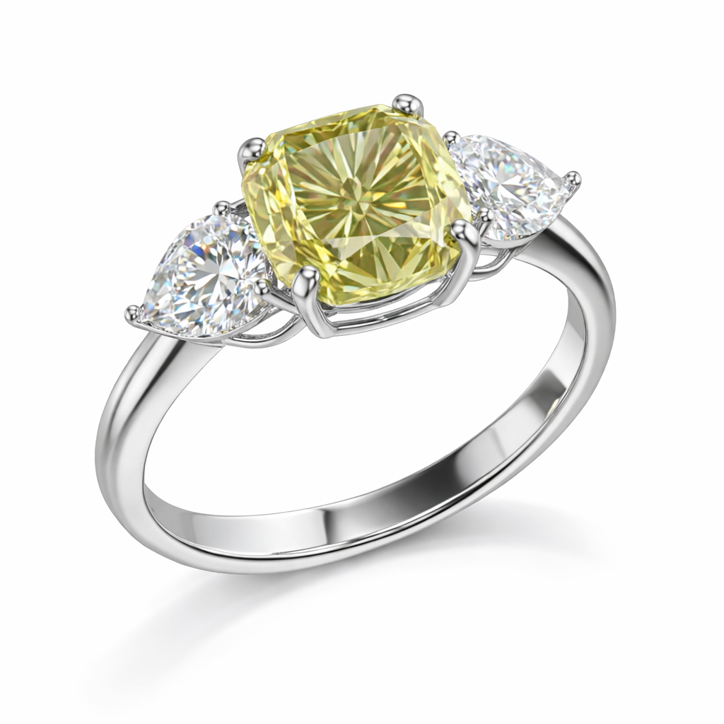 Fancy Yellow Cushion Cut Diamond Ring in White Gold | 5.35 Carat | Three-Stone Design | Saleh Sallom-Saleh Sallom