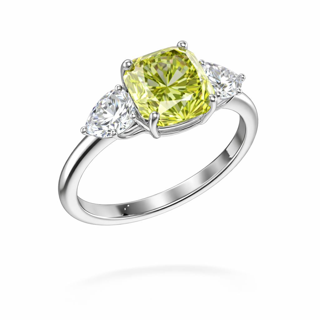 Fancy Yellow Cushion Cut Diamond Ring in White Gold | 5.35 Carat | Three-Stone Design | Saleh Sallom-Saleh Sallom