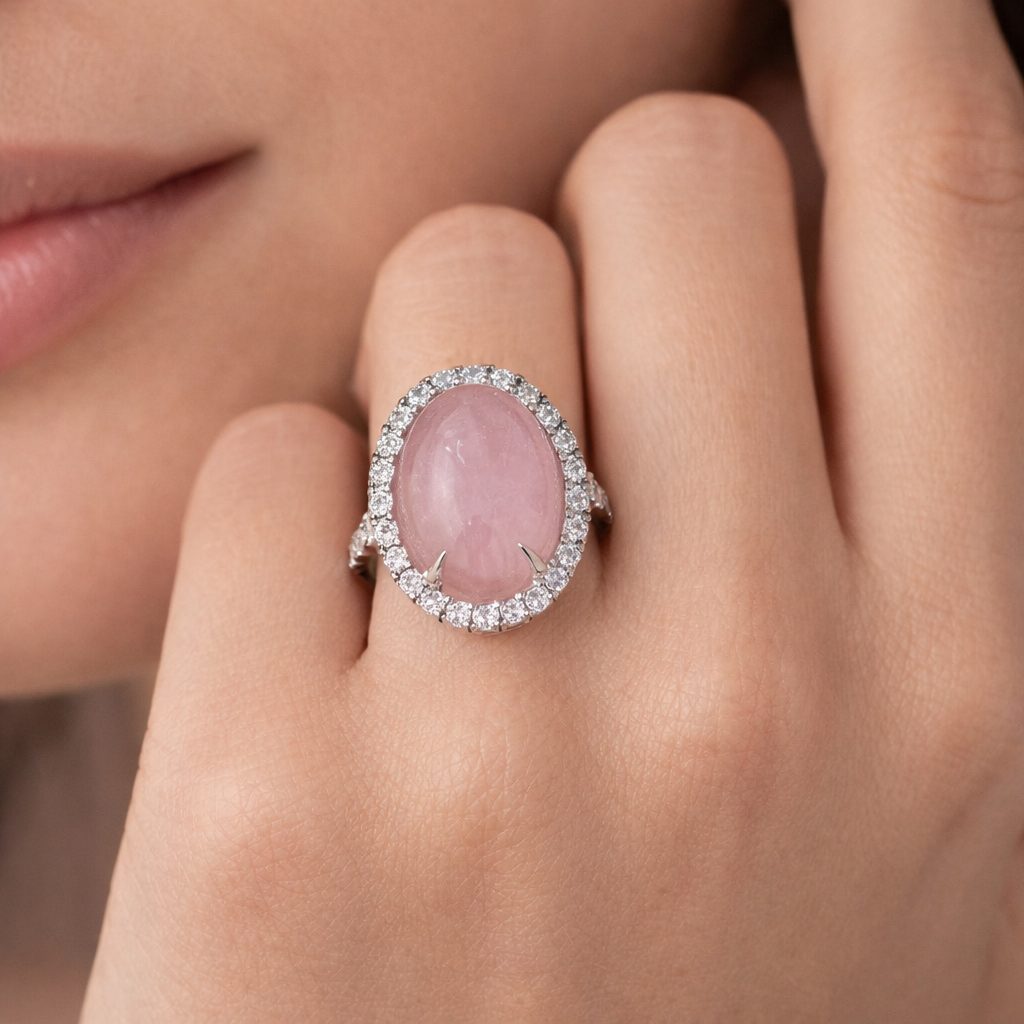 Oval Pink Quartz Halo Ring in White Gold | 12.64 Carat | Diamond Surround | Saleh Sallom Secondary image
