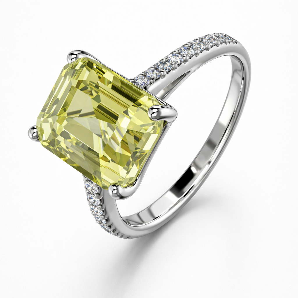 7.77 Carat Emerald-Cut Yellow Lab Sapphire Ring with Diamond Pavé in 18K White Gold | Saleh Sallom-Saleh Sallom