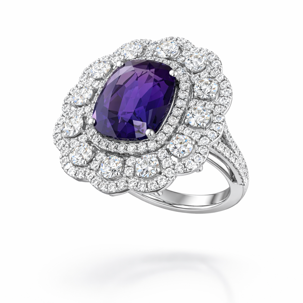 8.20 Carat Cushion-Cut Lab Sapphire & 2.30 Carat Diamond Halo Ring in 18K White Gold | Saleh Sallom-Saleh Sallom