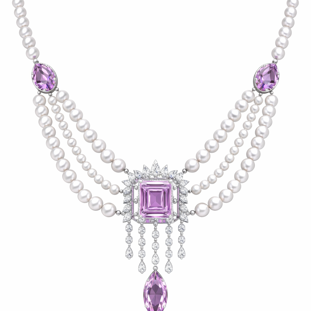 2.97 Carat Amethyst & Diamond Pearl Necklace in White Gold | Luxury Statement Piece | Saleh Sallom-Saleh Sallom