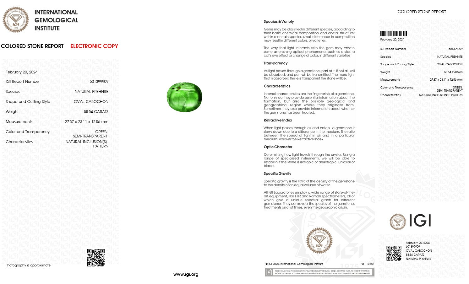 Natural Prehnite – Certified by IGI | 58.54 Carats | Report No. 601399909