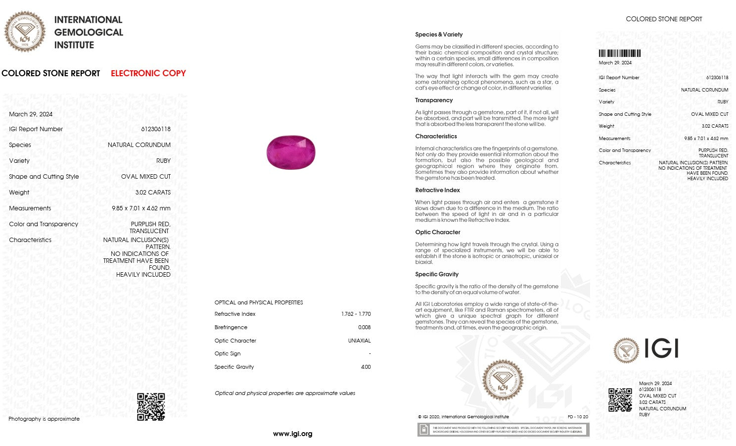 Natural Ruby – Certified by IGI | 3.02 Carats | Report No. 612306118