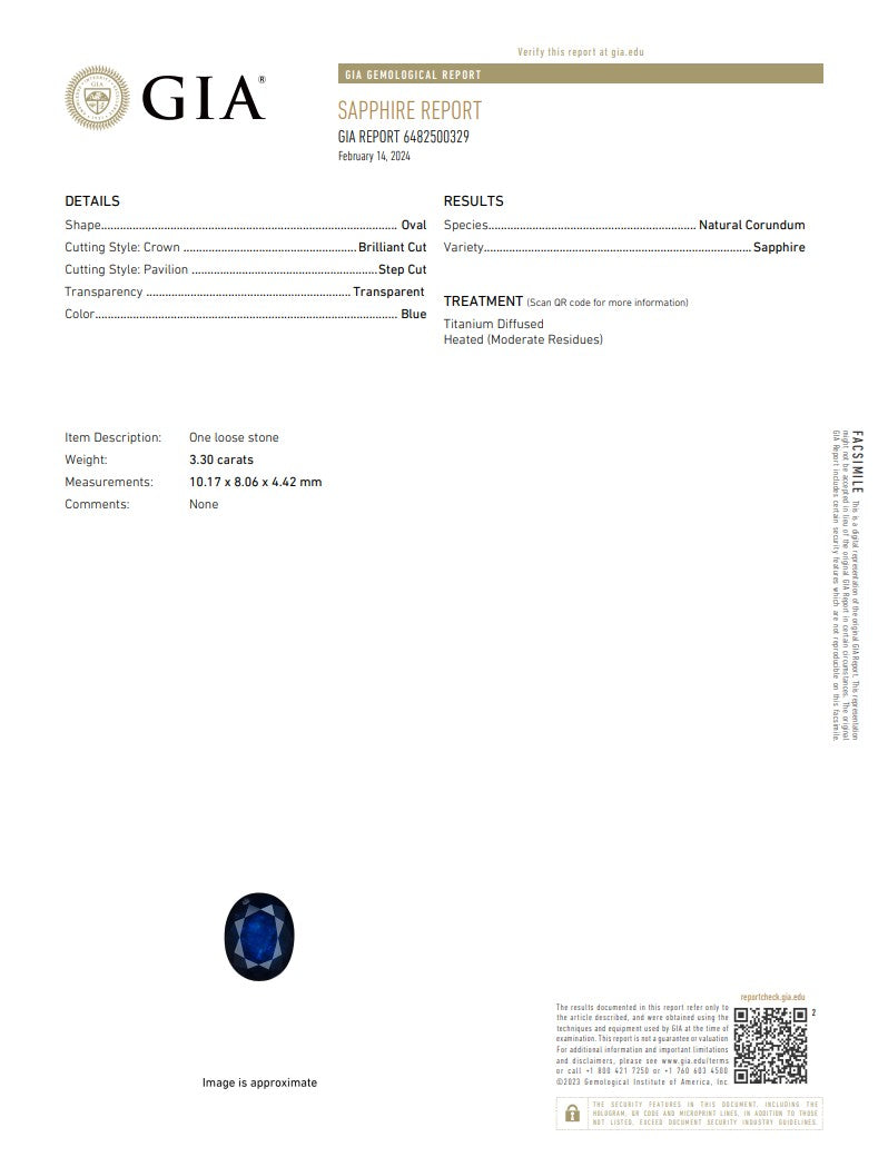 Natural Blue Sapphire – Certified by GIA | 3.30 Carats | Report No. 6482500329