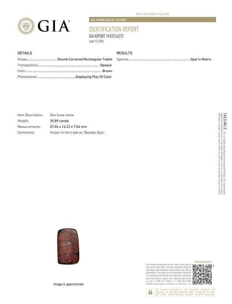 Natural Boulder Opal – Certified by GIA | 39.89 Carats | Report No. 7492516273