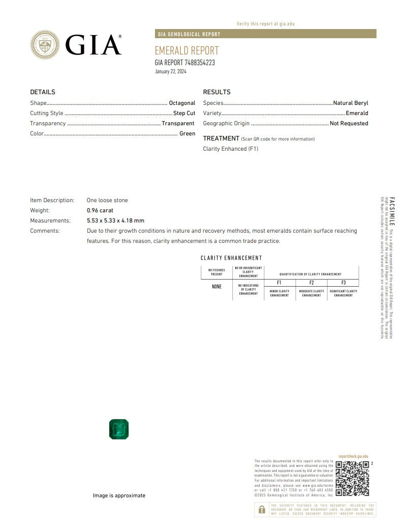 Natural Emerald – Certified by GIA | 0.96 Carat | Report No. 7488354223
