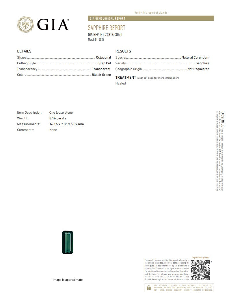 Natural Bluish-Green Sapphire – Certified by GIA | 8.16 Carats | Report No. 7481603020