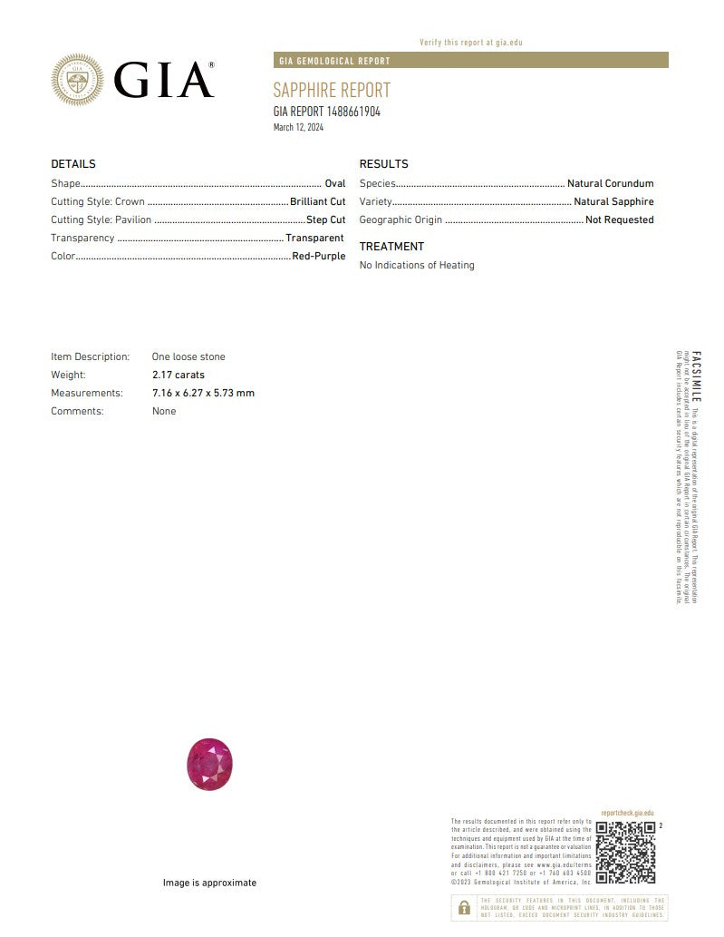 Natural Red-Purple Sapphire – Certified by GIA | 2.17 Carats | Report No. 1488661904