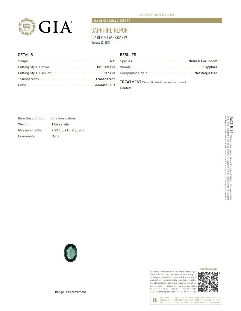 Natural Greenish Blue Sapphire – Certified by GIA | 1.06 Carats | Report No. 6482354289