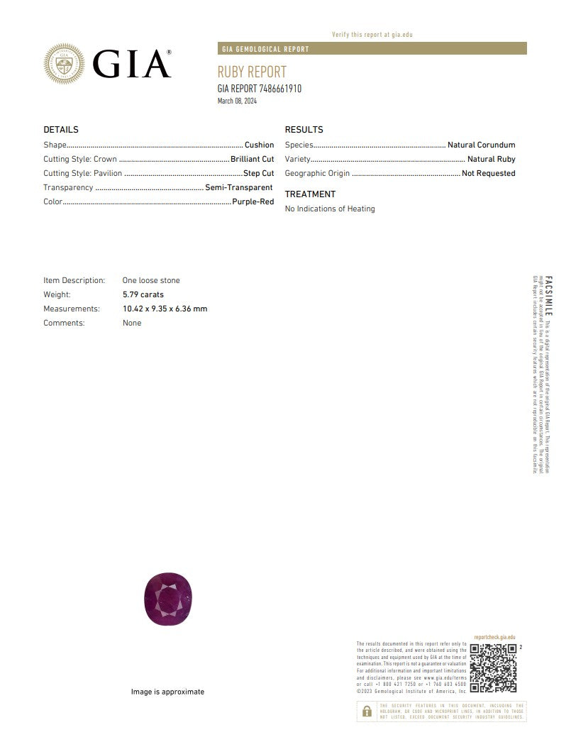 Natural Purple-Red Ruby – Certified by GIA | 5.79 Carats | Report No. 7486619190