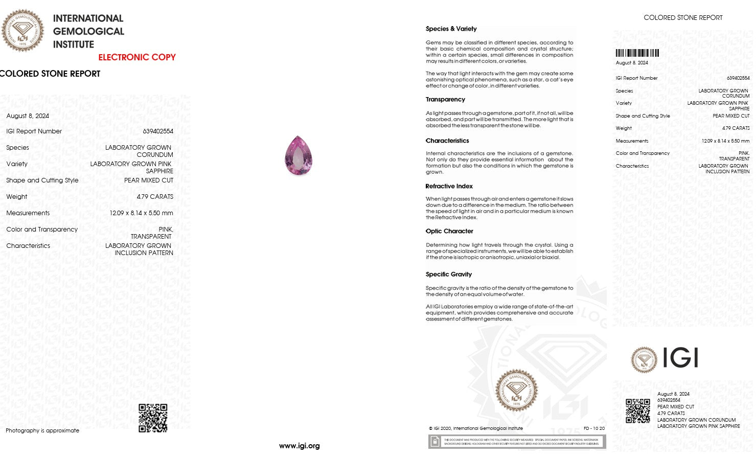 Laboratory Grown Pink Sapphire – Certified by IGI | 4.79 Carats | Pear Mixed Cut | Report No. 639402554