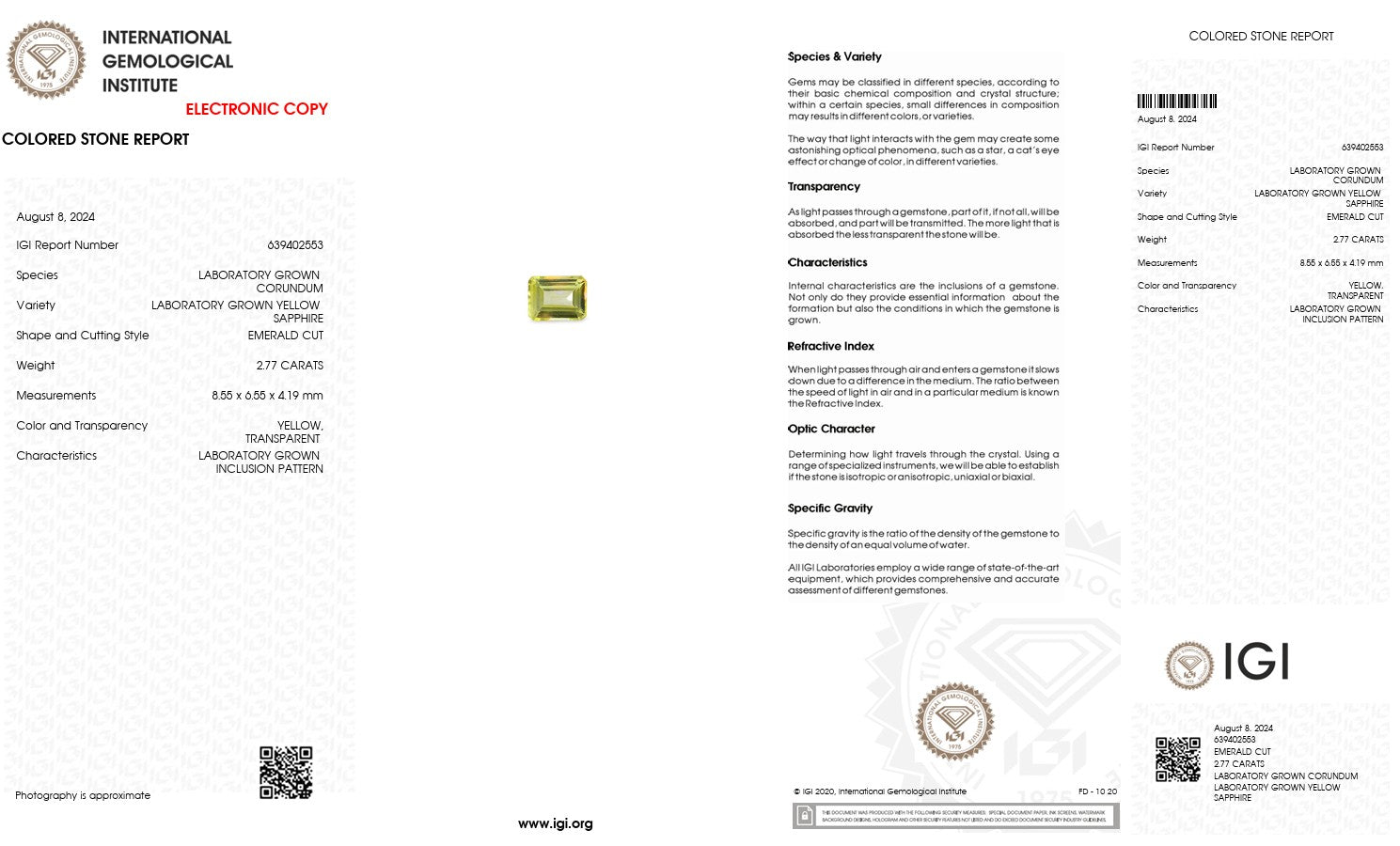 Laboratory Grown Yellow Sapphire – Certified by IGI | 2.77 Carats | Emerald Cut | Report No. 639402553