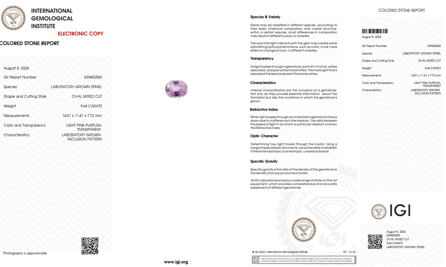 Laboratory Grown Light Pink-Purplish Spinel – Certified by IGI | 9.64 Carats | Oval Mixed Cut | Report No. 639402543