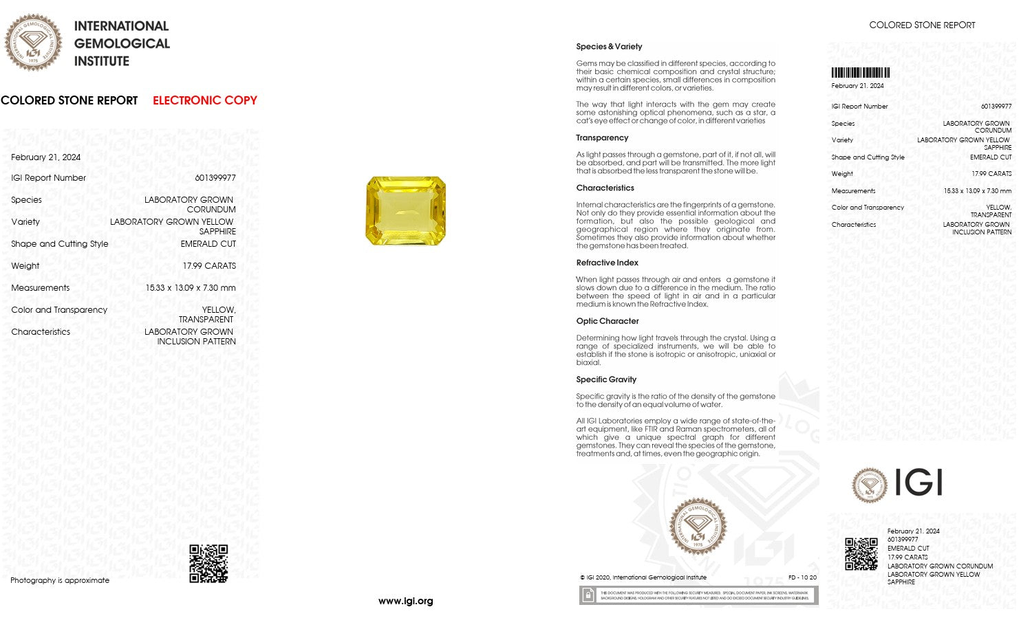 Laboratory Grown Yellow Sapphire – Certified by IGI | 17.99 Carats | Emerald Cut | Report No. 601399977