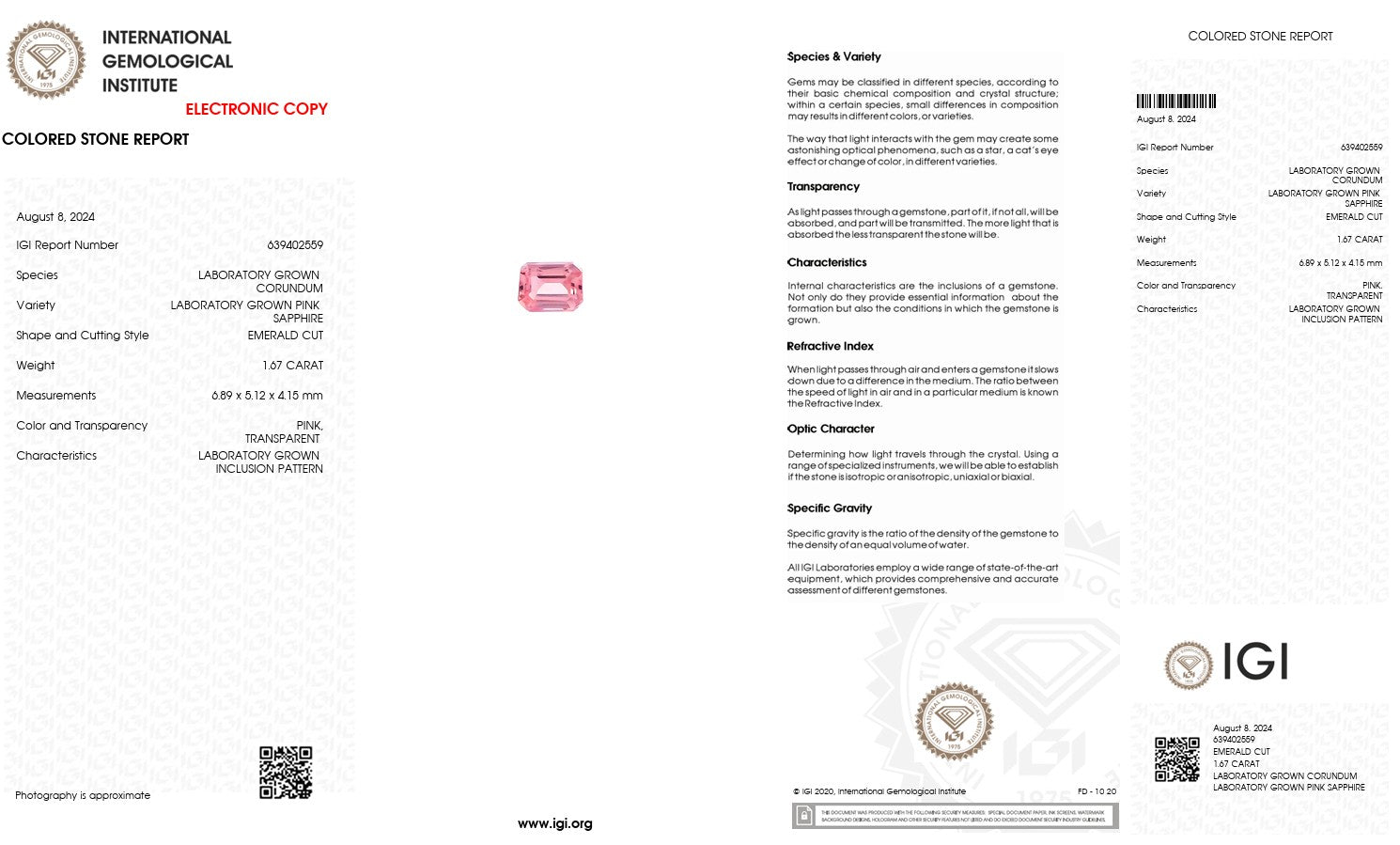 Laboratory Grown Pink Sapphire – Certified by IGI | 1.67 Carat | Emerald Cut | Report No. 639402559