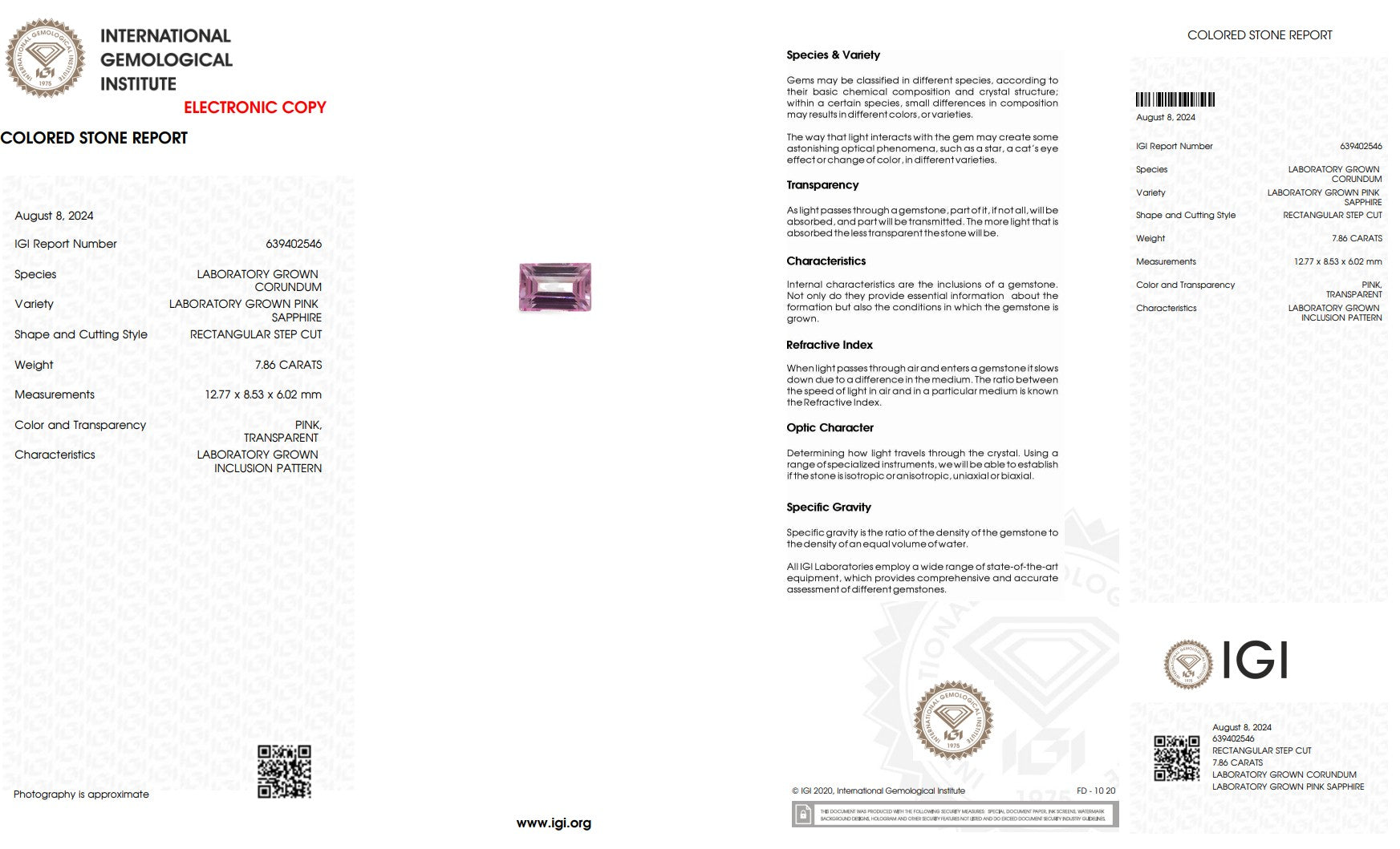 Laboratory Grown Pink Sapphire – Certified by IGI | 7.86 Carats | Rectangular Step Cut | Report No. 639402546