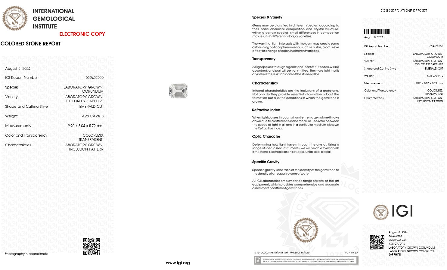 Laboratory Grown Colorless Sapphire – Certified by IGI | 4.98 Carats | Emerald Cut | Report No. 639402555