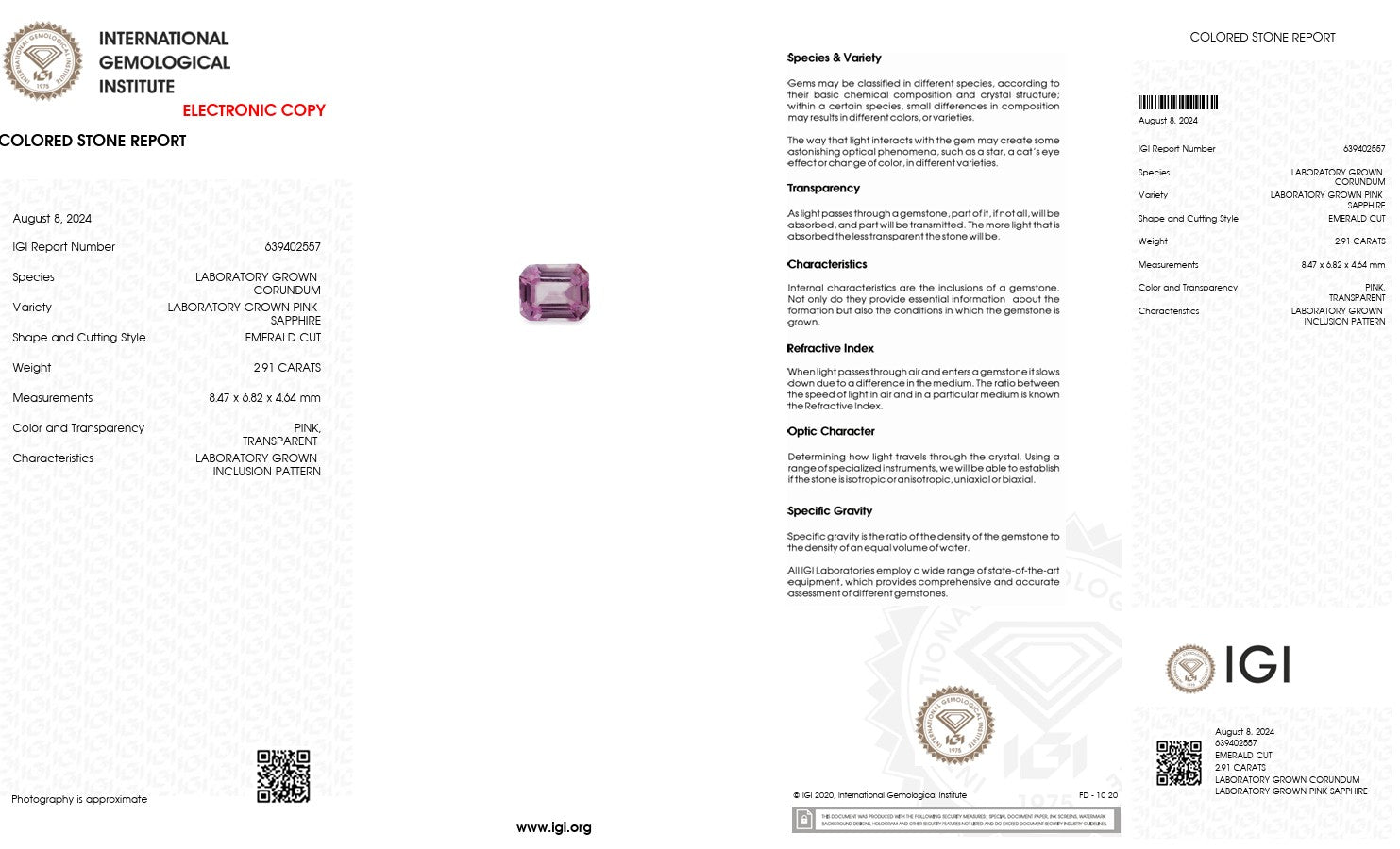 Laboratory Grown Pink Sapphire – Certified by IGI | 2.91 Carats | Emerald Cut | Report No. 639402557