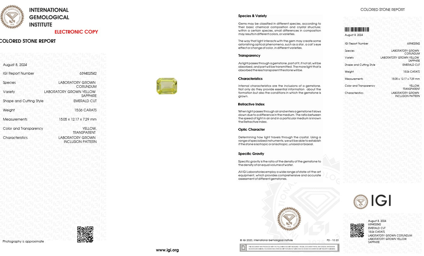 Laboratory Grown Yellow Sapphire – Certified by IGI | 15.06 Carats | Emerald Cut | Report No. 639402542