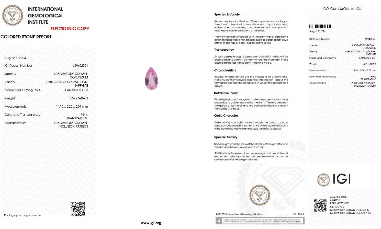 Laboratory Grown Pink Sapphire – Certified by IGI | 5.87 Carats | Pear Mixed Cut | Report No. 639402551