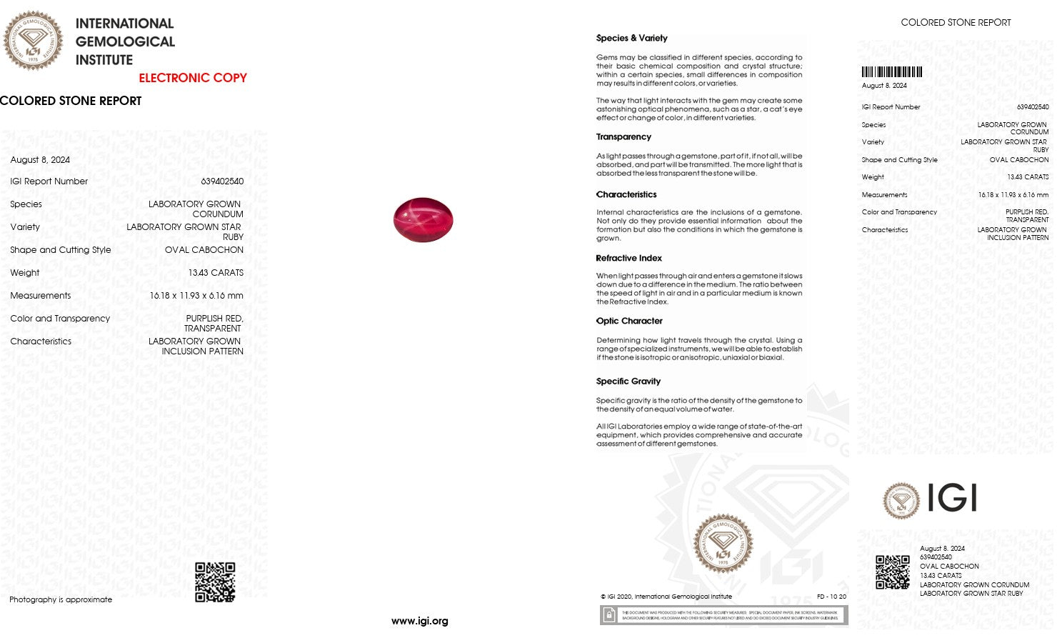 Laboratory Grown Star Ruby – Certified by IGI | 13.43 Carats | Oval Cabochon | Report No. 639402540