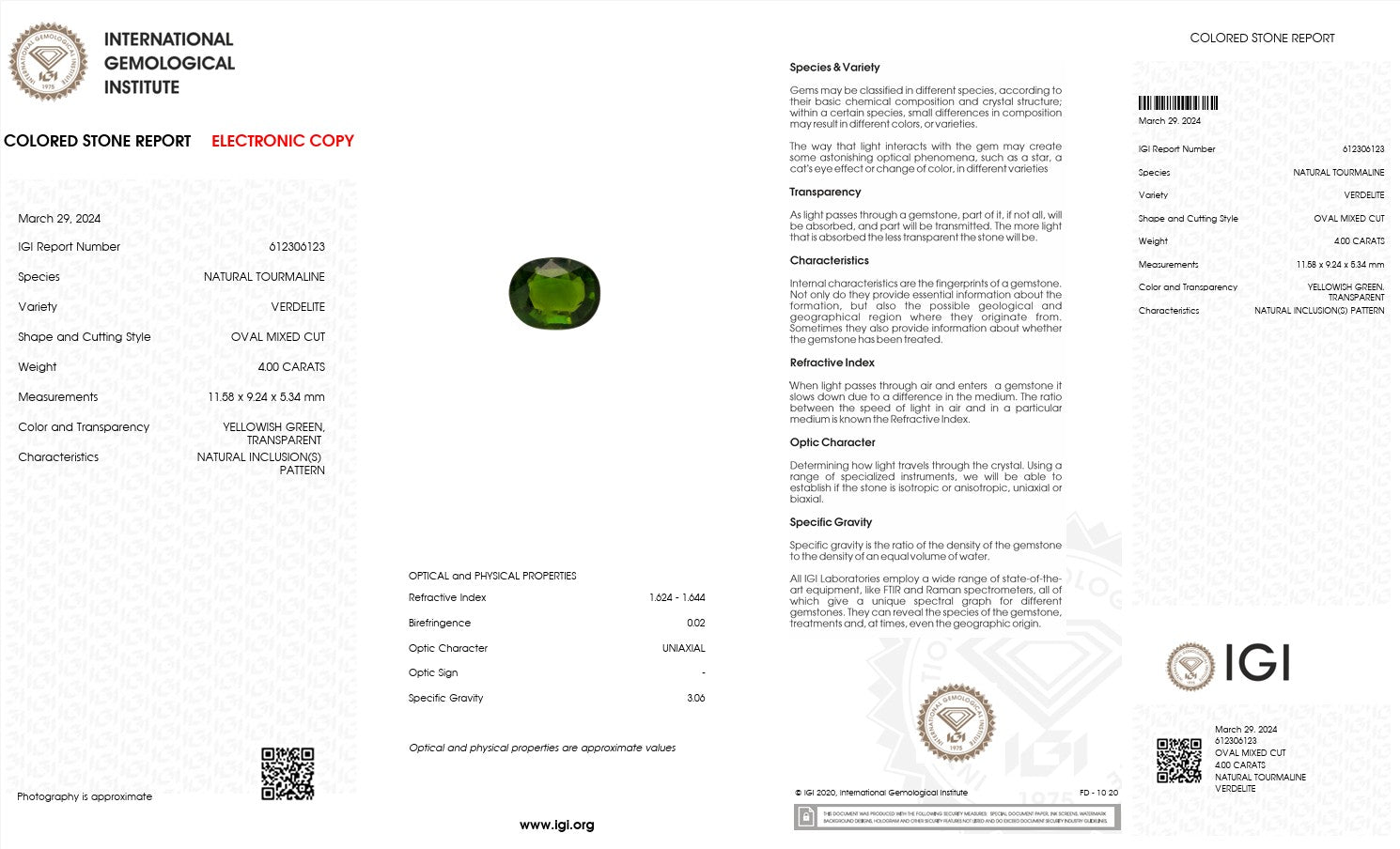 Natural Verdelite Tourmaline – Certified by IGI | 4.00 Carats | Report No. 612306123