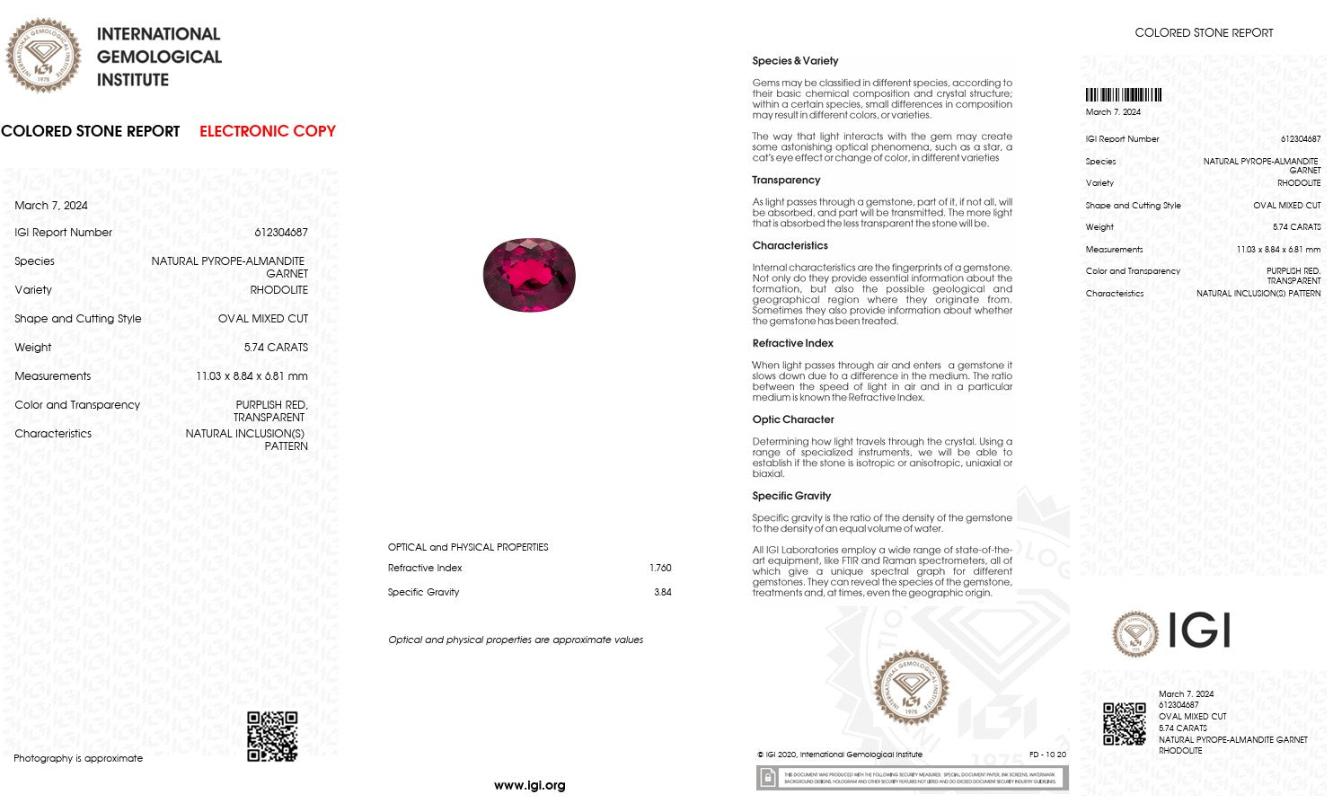 Natural Rhodolite Garnet – Certified by IGI | 5.74 Carats | Report No. 612306487