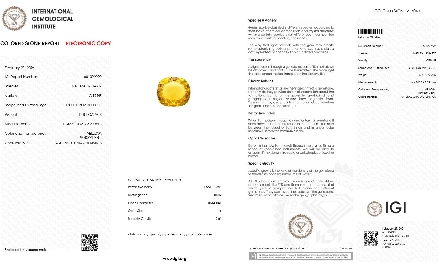 Natural Citrine Quartz – Certified by IGI | 12.81 Carats | Report No. 601399992