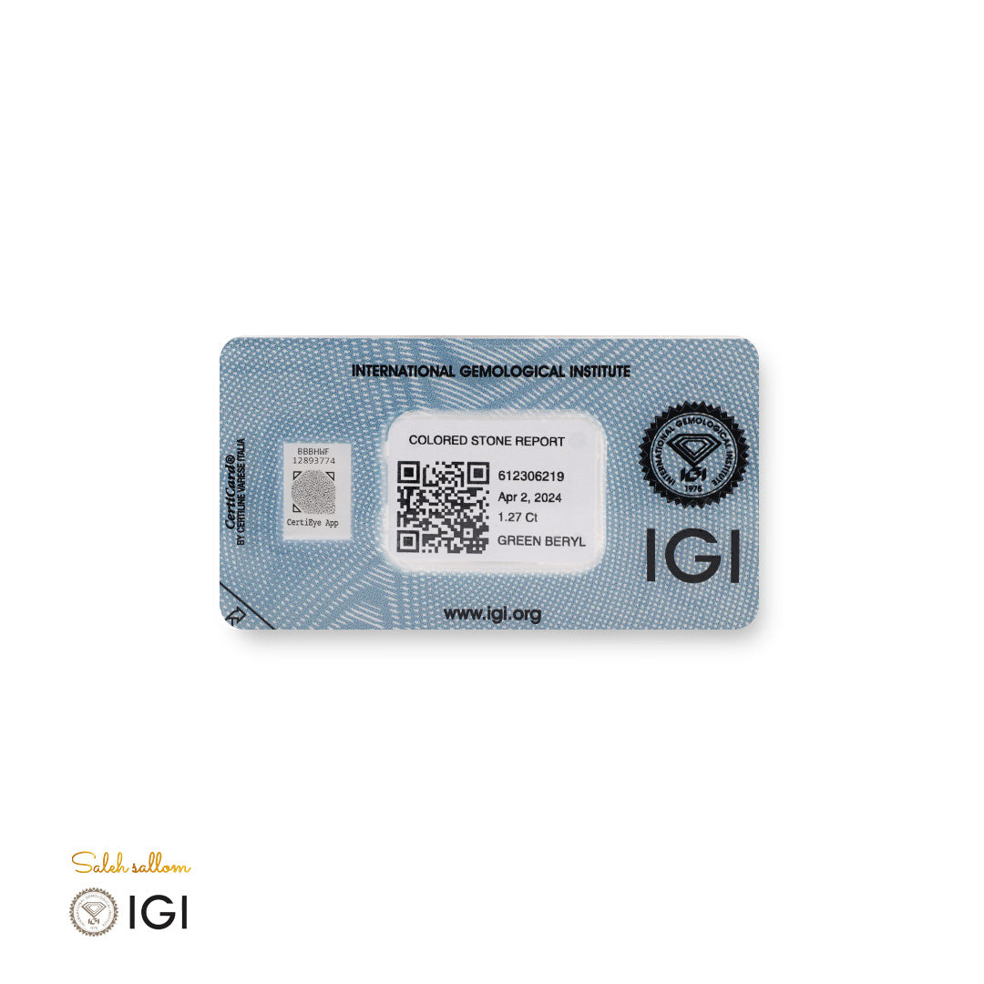 Natural Green Beryl – Certified by IGI | 1.27 Carats | Report No. 612306219