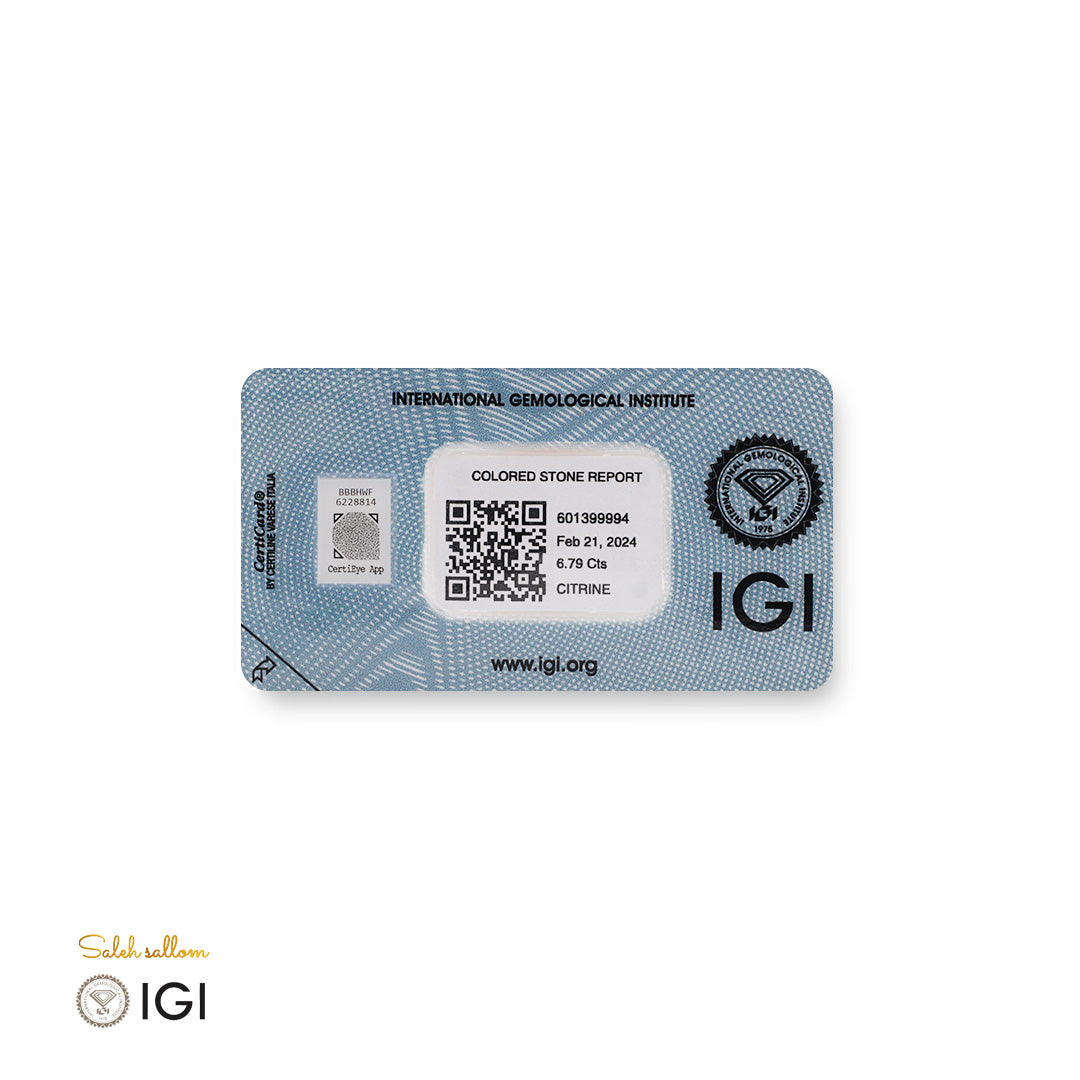 Natural Citrine – Certified by IGI | 6.79 Carats | Report No. 601399994