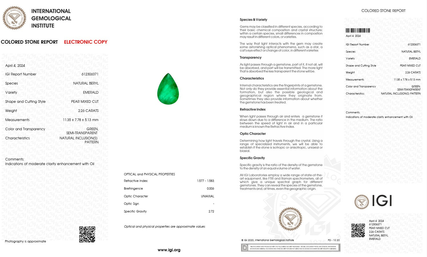 Natural Emerald – Certified by IGI | 2.26 Carats | Report No. 612306371