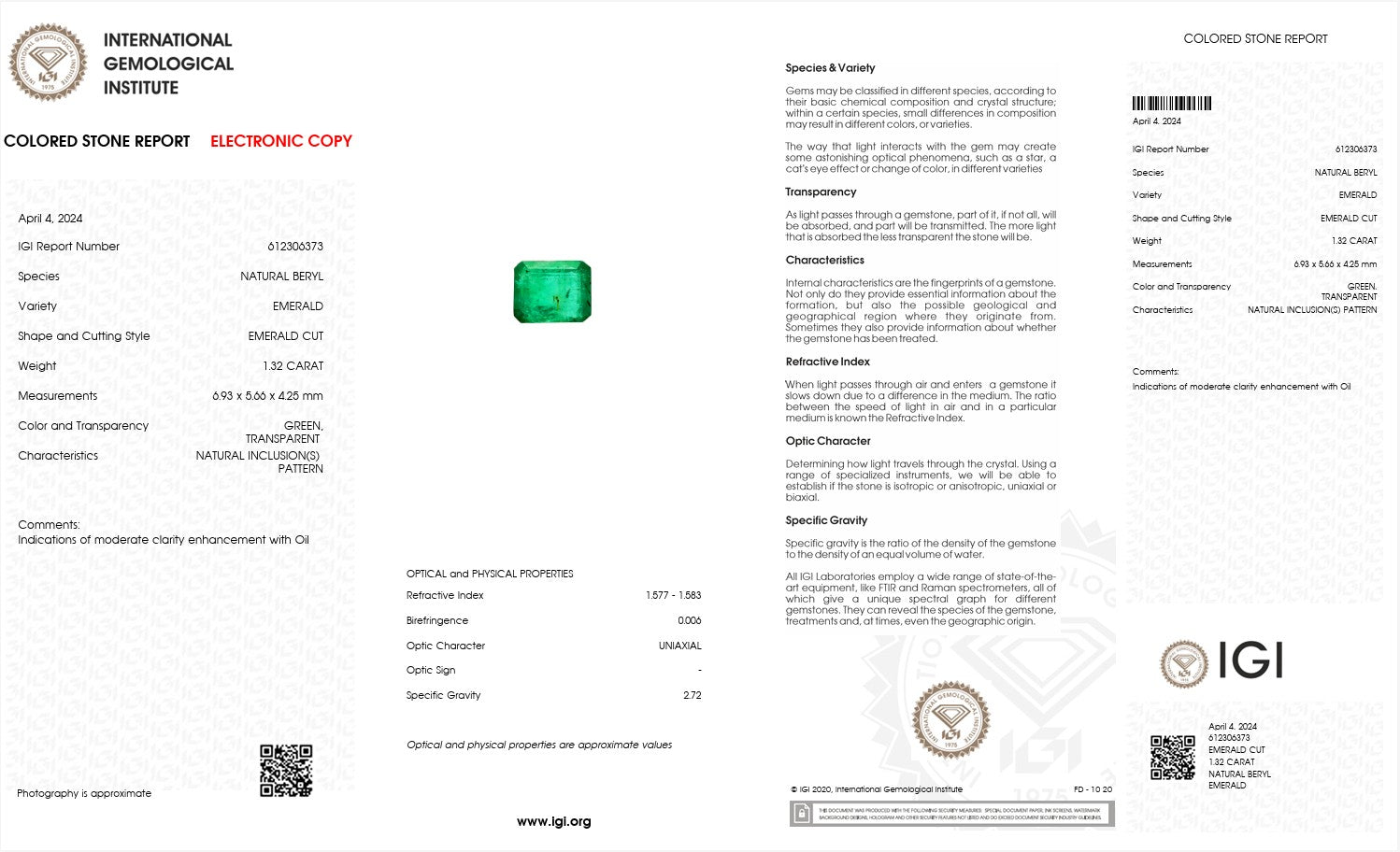 Natural Emerald – Certified by IGI | 1.32 Carats | Report No. 612306373