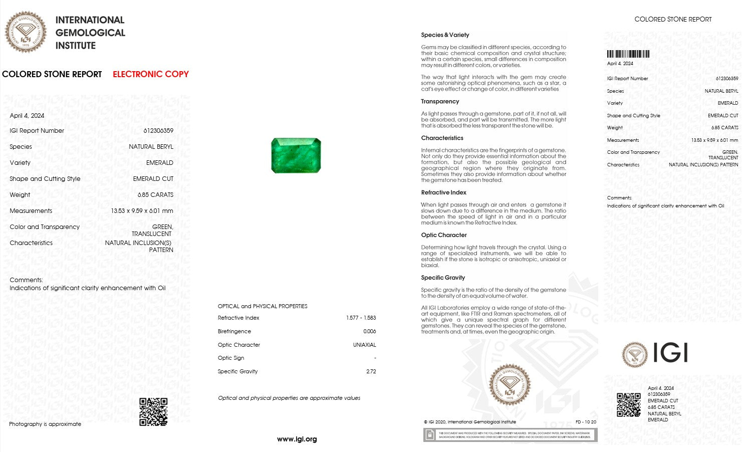 Natural Emerald – Certified by IGI | 1.32 Carats | Report No. 612306373