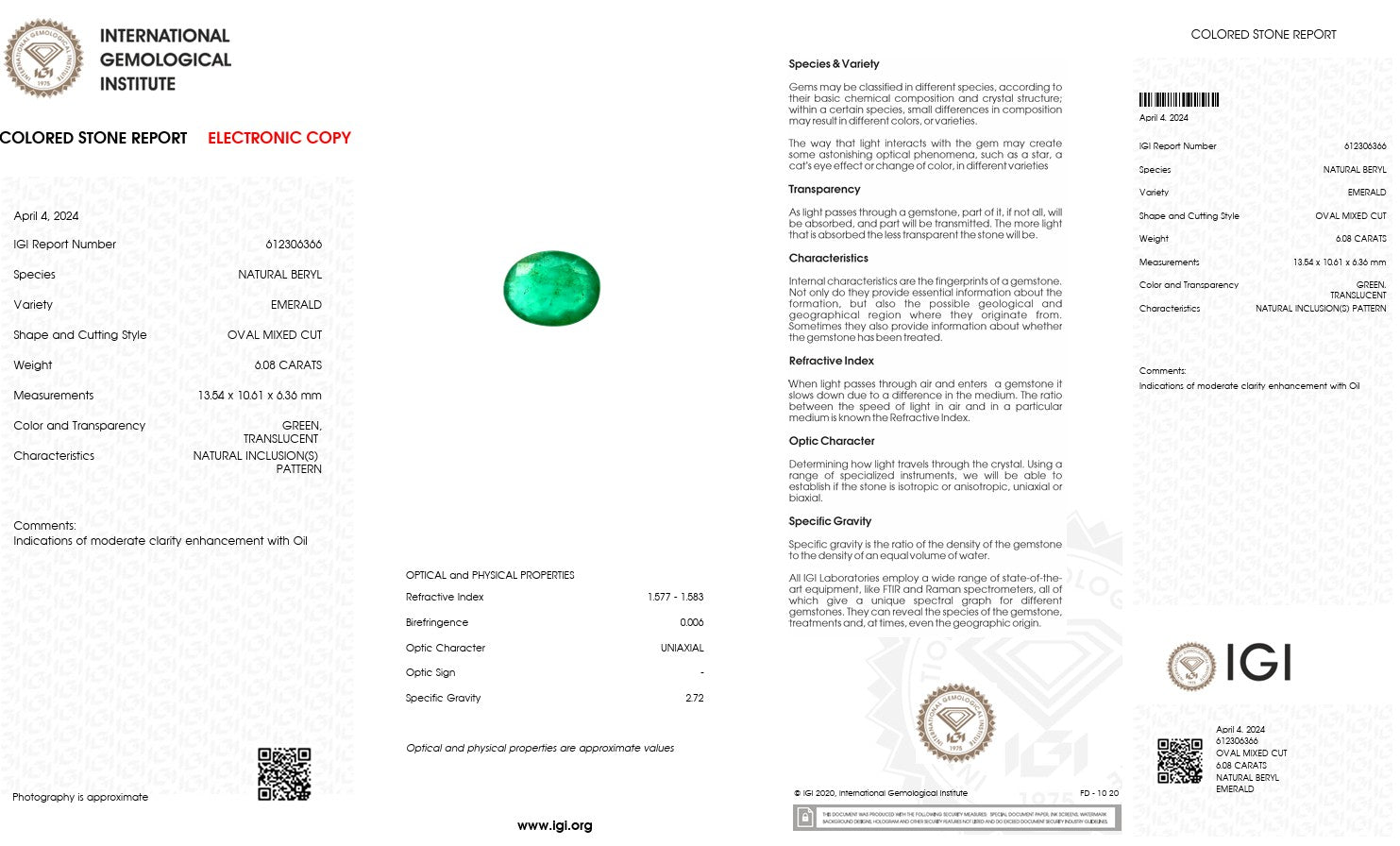 Natural Emerald – Certified by IGI | 6.08 Carats | Report No. 612306366