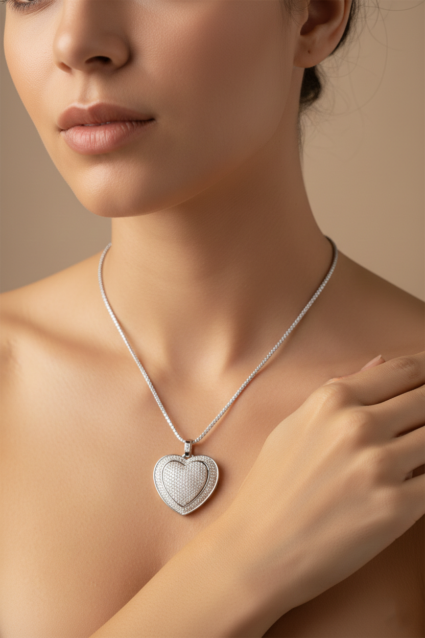 Pavé Heart American Diamond Pendant Necklace-Saleh Sallom