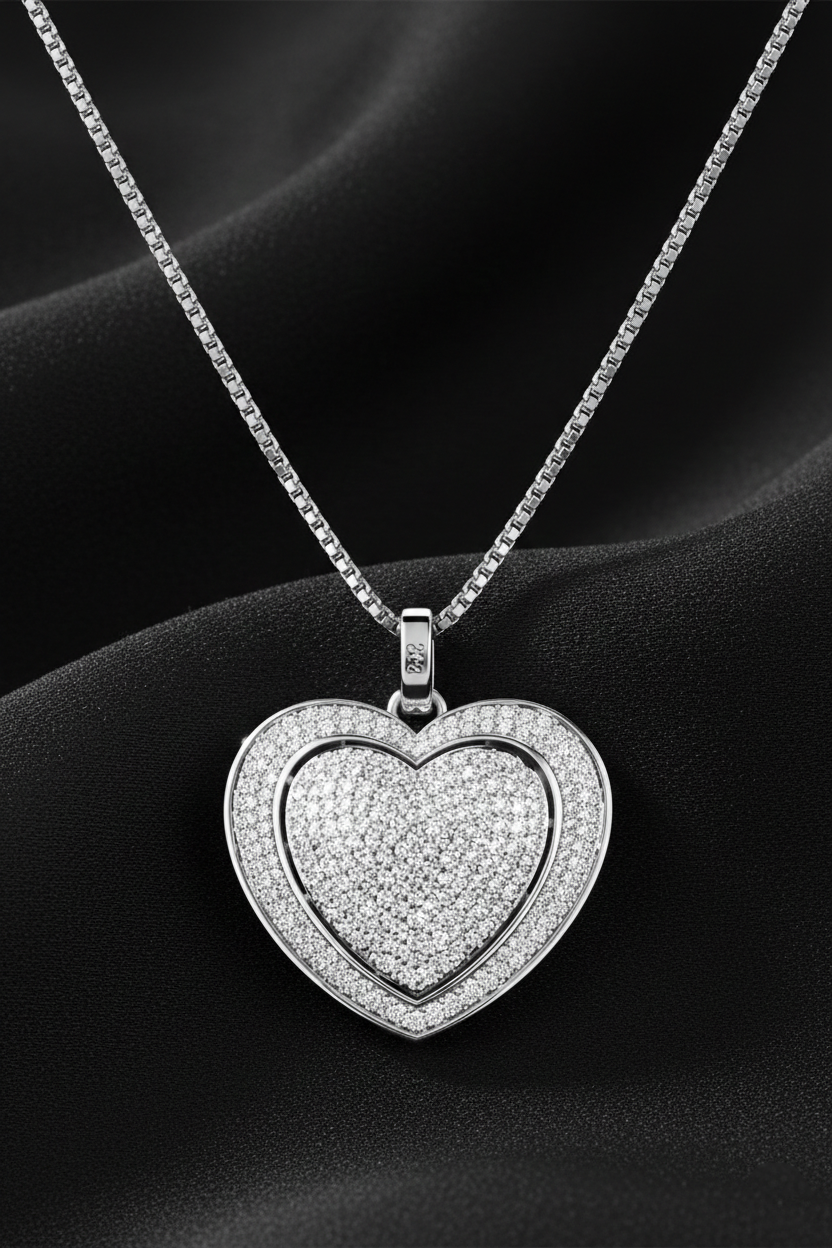 Pavé Heart American Diamond Pendant Necklace-Saleh Sallom