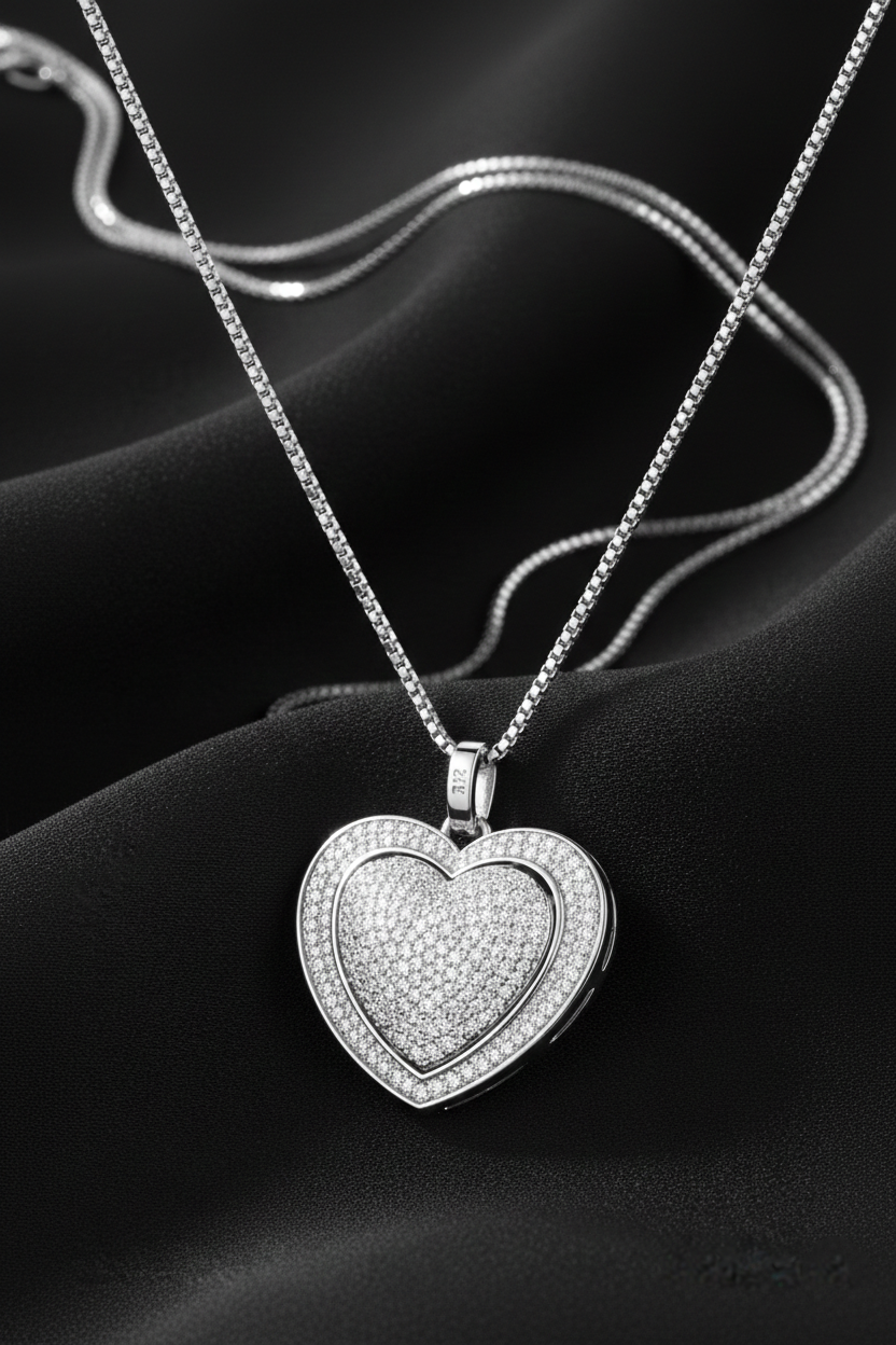 Pavé Heart American Diamond Pendant Necklace-Saleh Sallom
