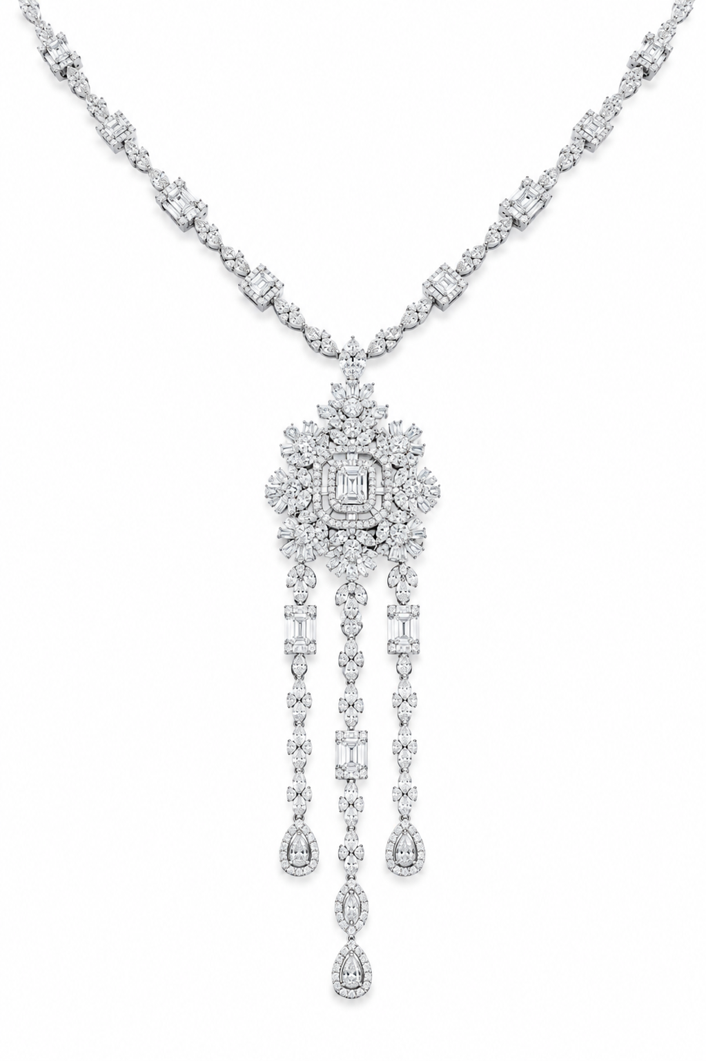 American Diamond Emerald-Cut Floral Cascade Necklace & Earrings Set in 925 Sterling Silver