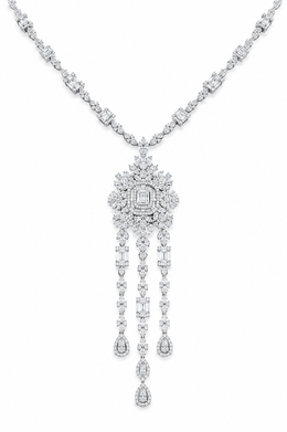 American Diamond Emerald-Cut Floral Cascade Necklace & Earrings Set in 925 Sterling Silver