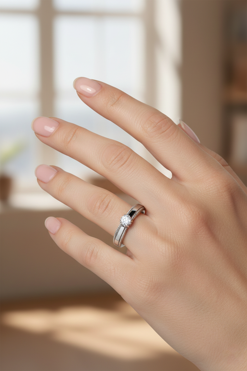 Classic Rope-Edge Solitaire Diamond Ring  White Gold with Natural Diamond-Saleh Sallom