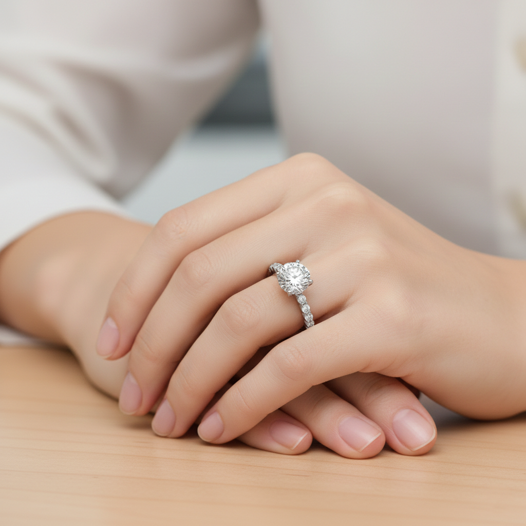 Lab-Created Diamond Solitaire Ring with Pavé Band in 14K White Gold-Saleh Sallom