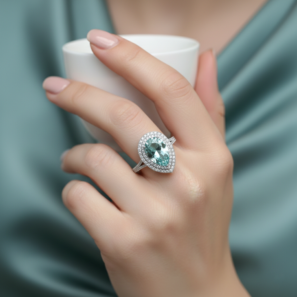 Green Sapphire & Diamond Pear Halo Ring in 18K White Gold-Saleh Sallom