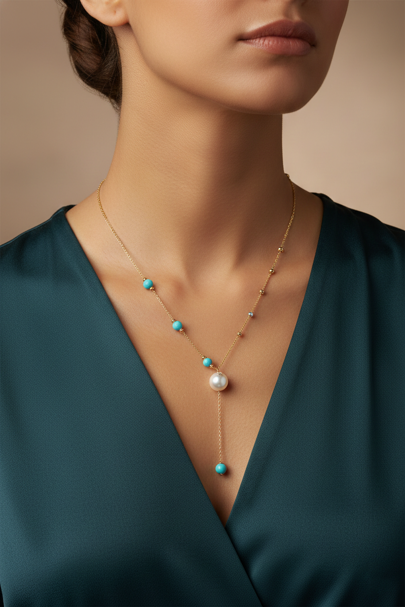An elegant gold necklace designed with refined detailing and soft color accents.